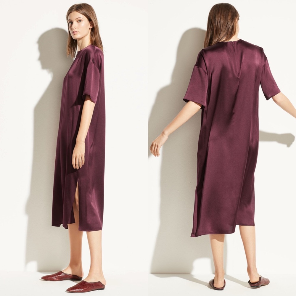 VINCE Silk Satin Seamed Front Elbow-Sleeve Midi Dress XXS eggplant